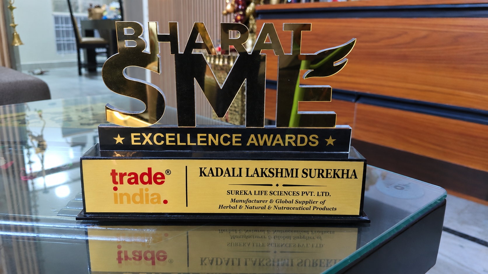 Bharat SME Excellence Awards trophy with Trade India branding, inscribed to Sureka Life Sciences